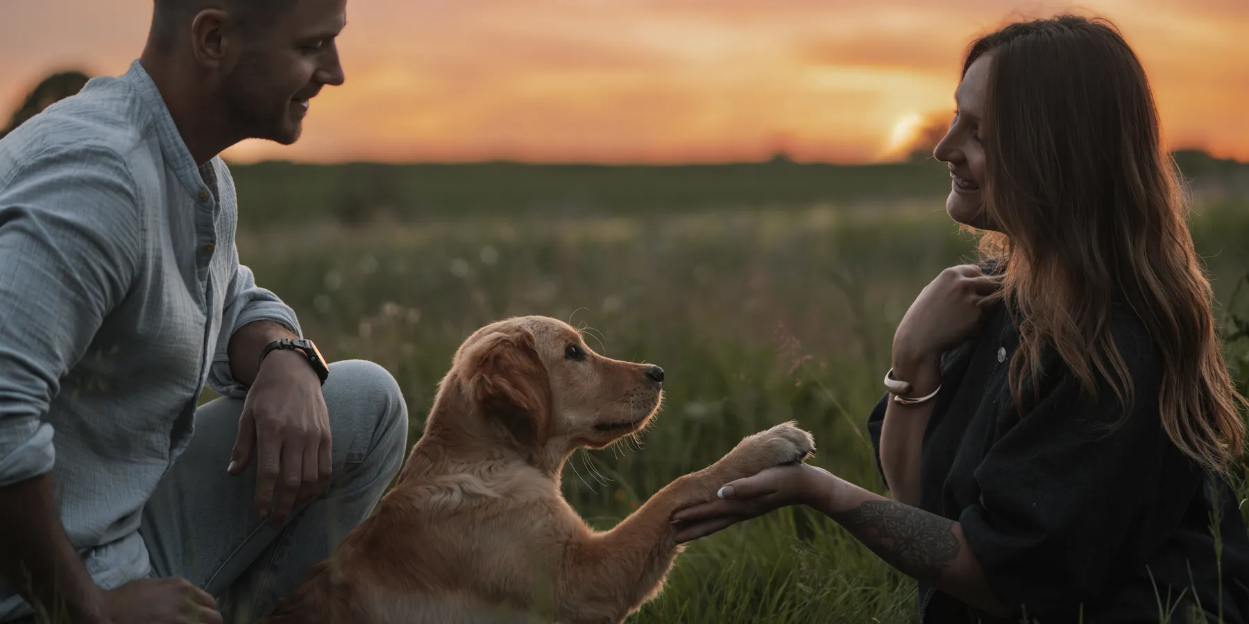 Un couple attendant un enfant dans un champ au coucher du soleil